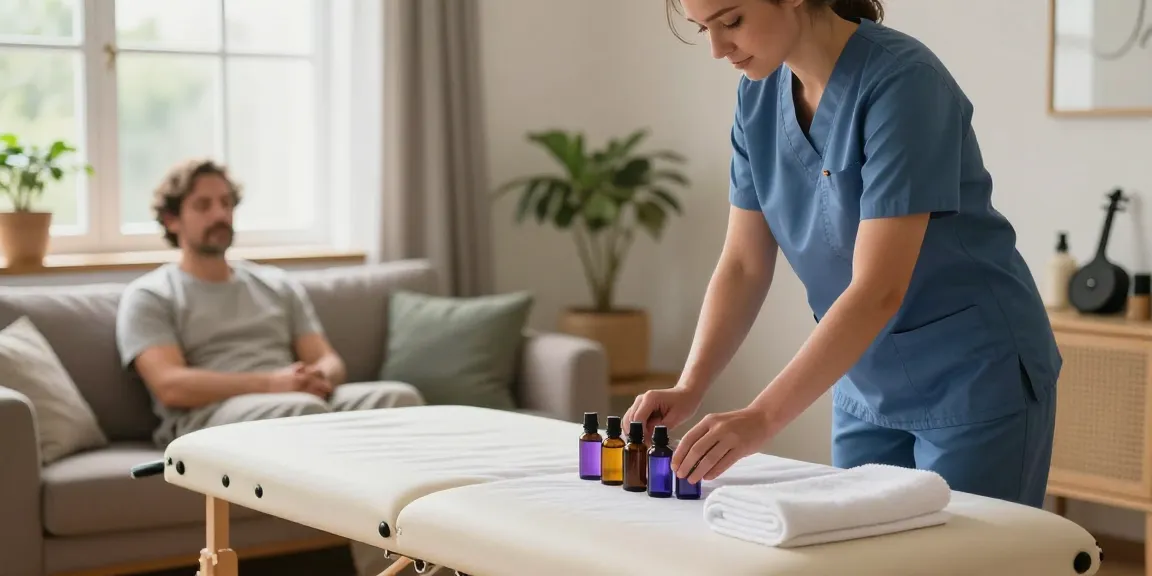 Relaxing 용산출장마사지 home service scene with professional therapist preparing oils in a cozy apartment.
