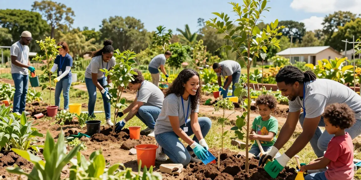 Volunteers participating in IVQ projects, planting trees with local community children.