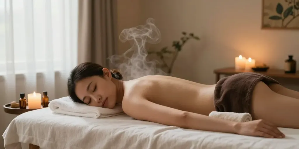 Serene woman enjoying 안산출장안마 services in a calming home spa environment
