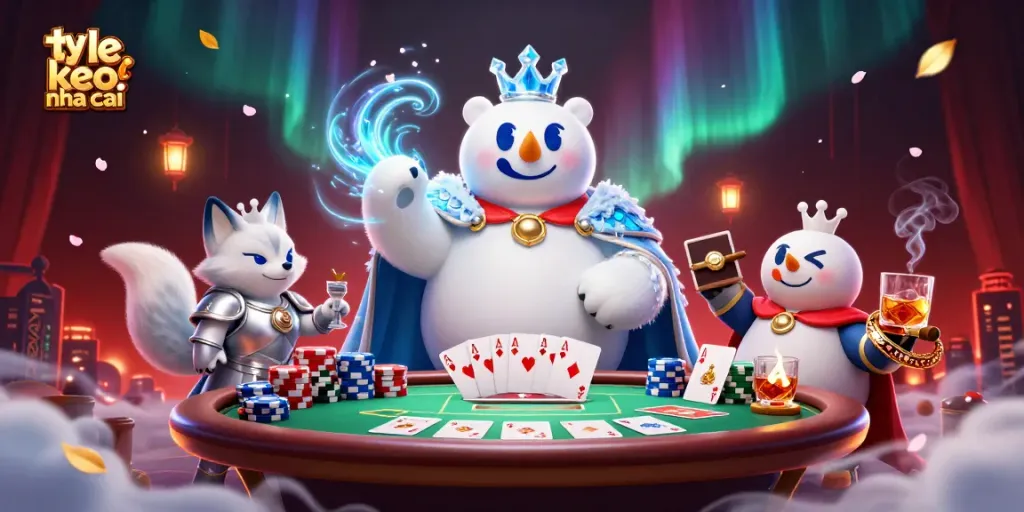 Experience the excitement of ty le keo nha cai with a unique poker scene featuring a majestic ice king polar bear and fox companion.