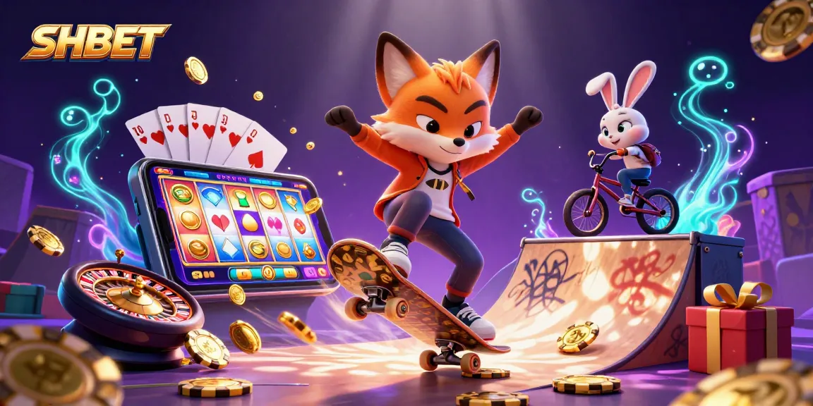 Watch the SHBET fox perform tricks over poker chips in a vibrant 3D casino scene.