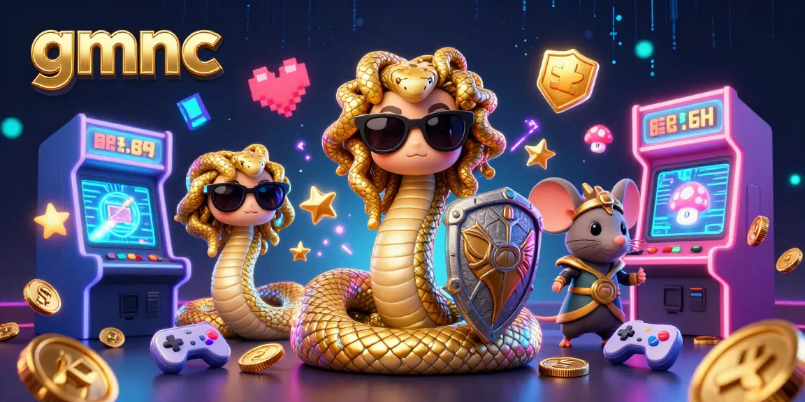 Play exciting games at GMNC with friendly Medusa and a warrior mouse amidst vibrant 3D arcade elements.