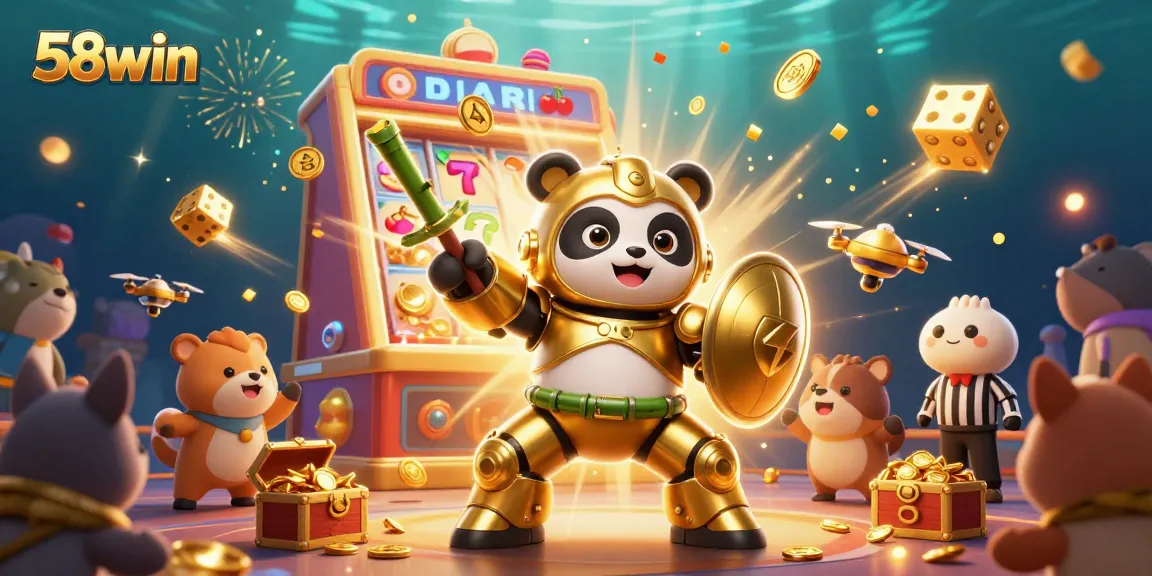 Engage with 58win's vibrant casino atmosphere featuring a mech-suit panda and jackpot visuals.