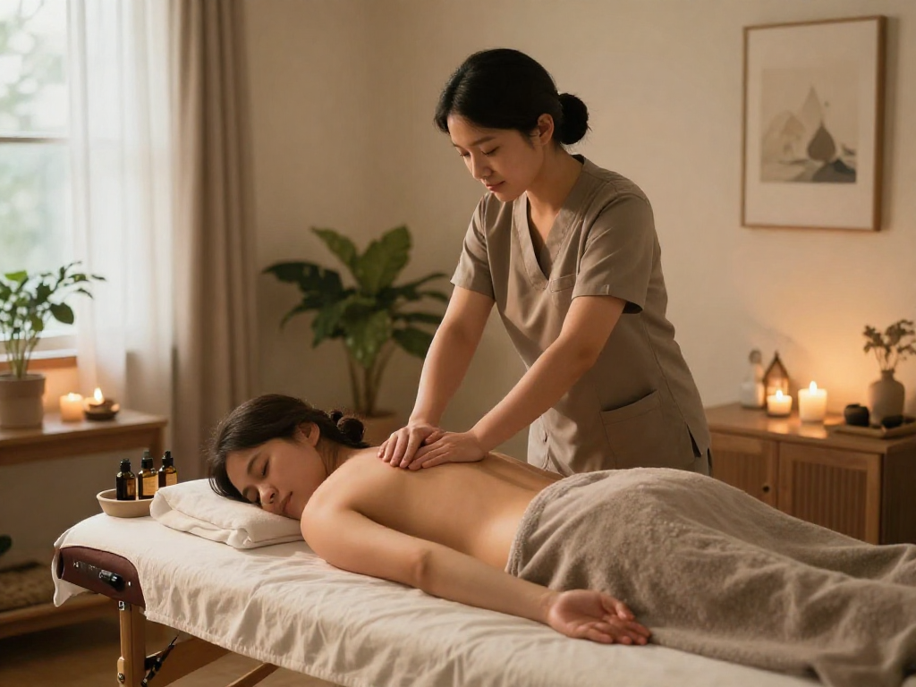 하남출장안마 experience with a licensed therapist providing a relaxing massage in a serene home setting with calming decor and aromatic oils.