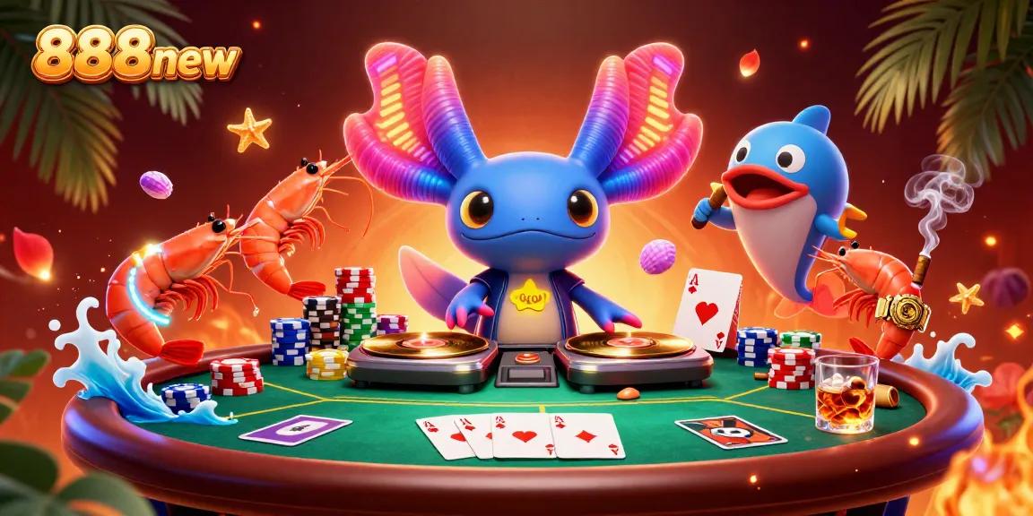 The vibrant scene showcases a neon axolotl DJ spinning records surrounded by 888new poker elements.