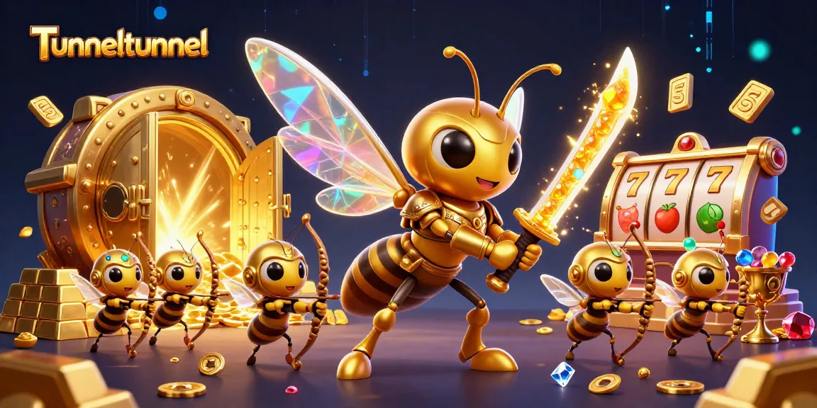 Tunneltunnel showcases an engaging casino scene with a golden hornet, archers, and vibrant slot symbols.