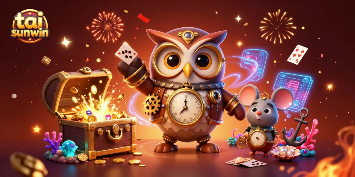 Experience thrilling moments at tai sunwin with a vibrant 3D casino illustration featuring steampunk characters and dynamic game elements.