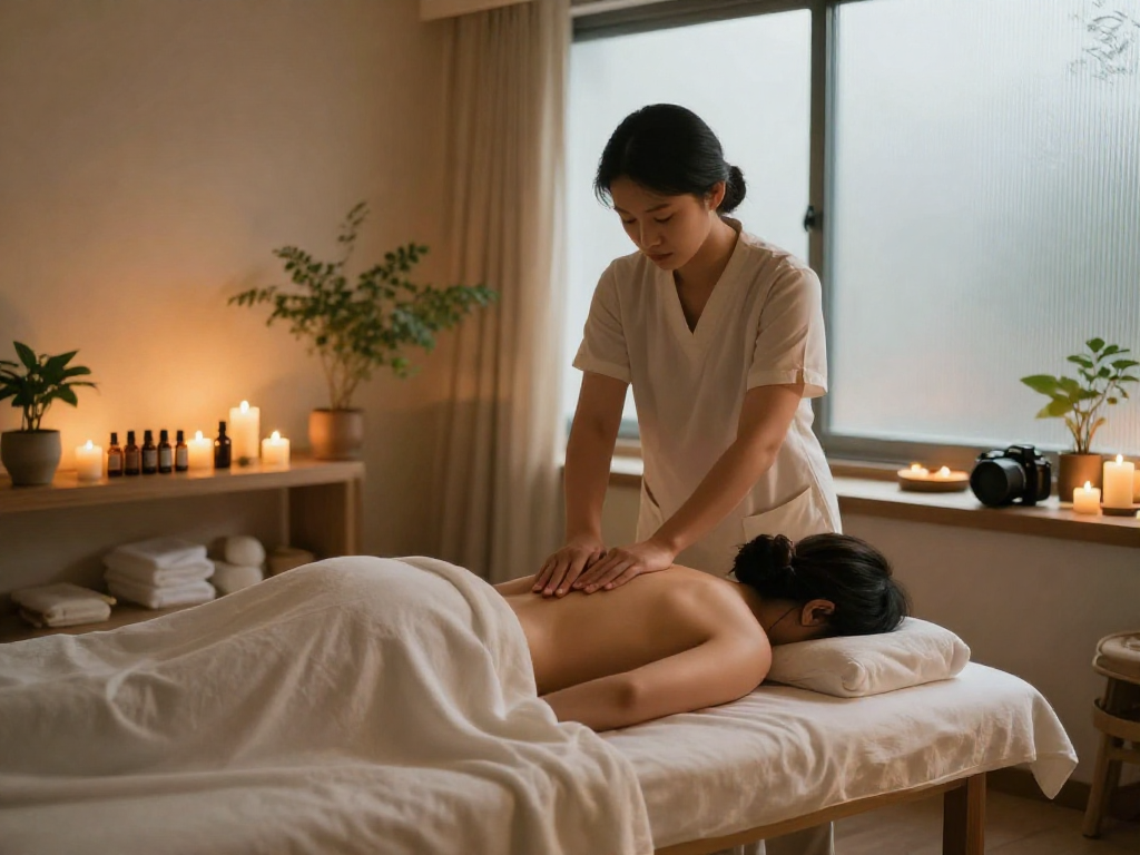 Serene 출장안마 therapy session in a tranquil spa environment with gentle lighting and calming elements.