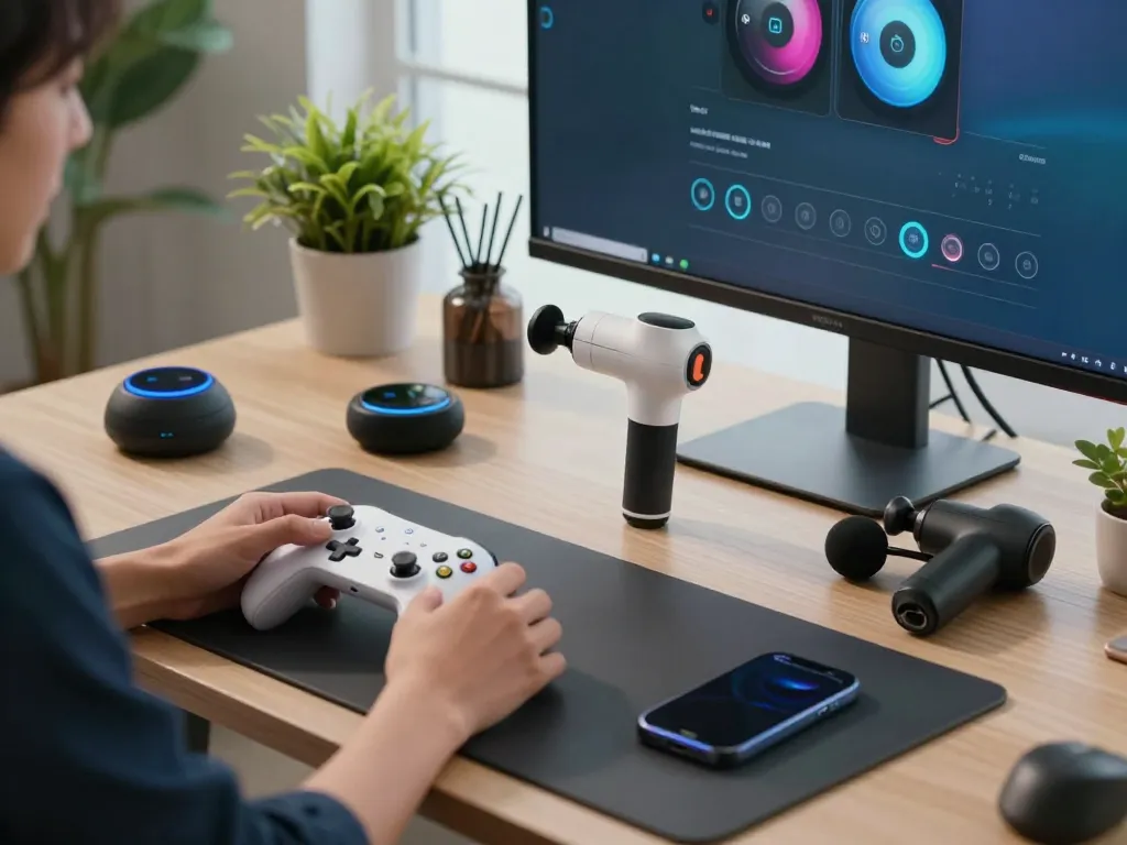 Engaging workspace featuring unique tech gadgets like controllers and smart tools in a modern setting.