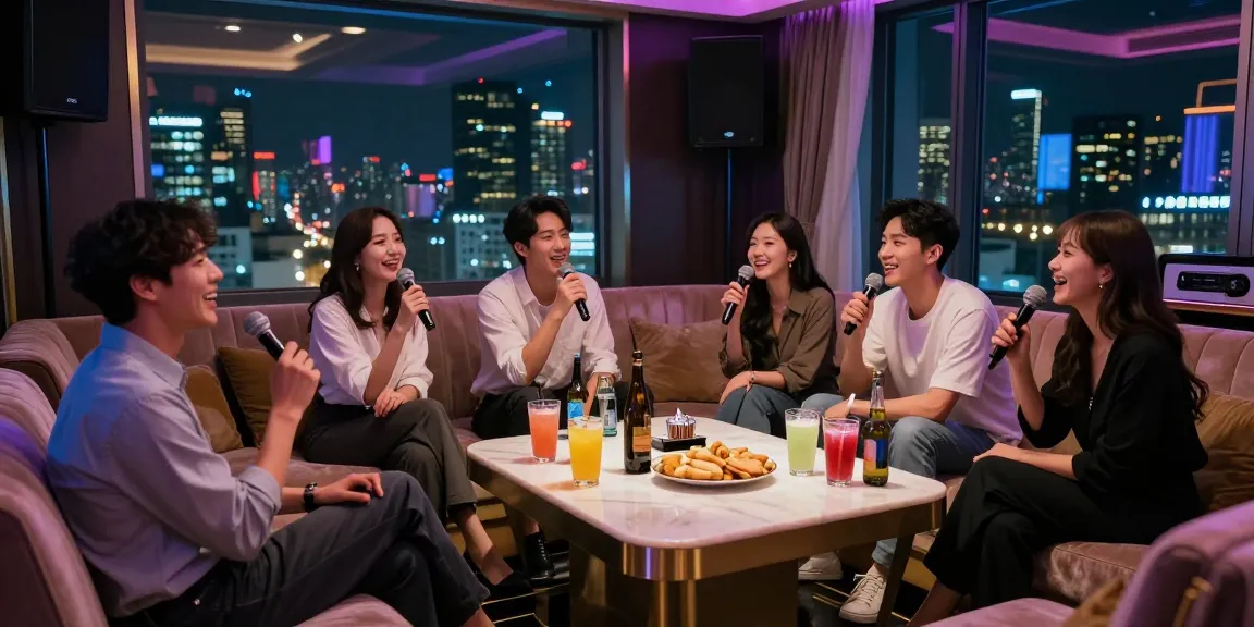 강남쩜오의 고급스러운 프라이빗 노래방에서 친구들이 즐거운 시간을 보내는 모습