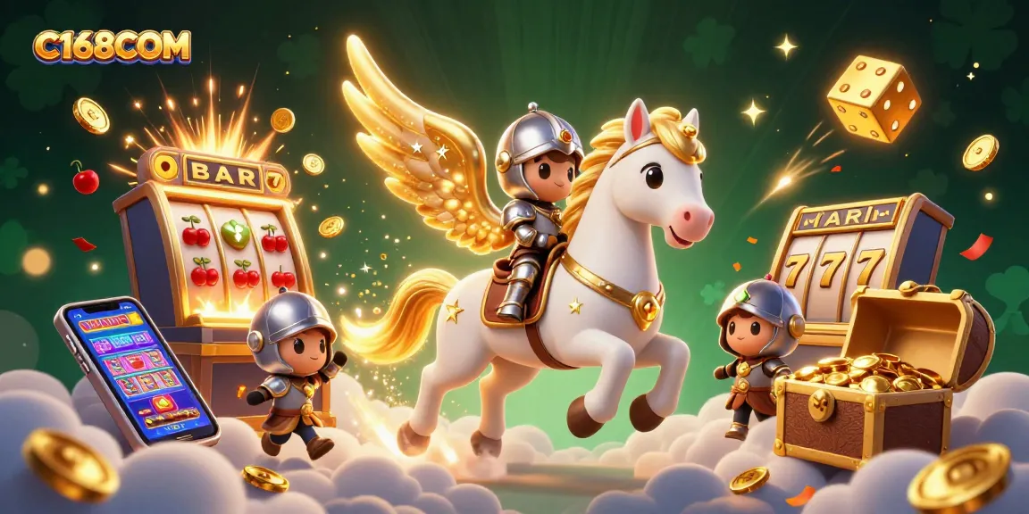C168COM slots jackpot illustration featuring a celestial horse, knight, and dynamic casino elements.