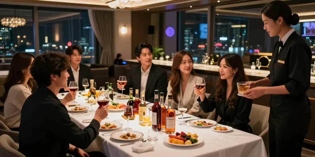 강남구구단에서 고급스러운 사교 모임을 즐기는 손님들과 고급 주류, 간식이 세팅된 테이블의 모습