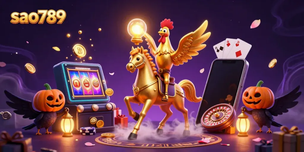 Immerse in sao789's vibrant casino scene with a golden rooster, dynamic gaming elements, and mystical ambiance.