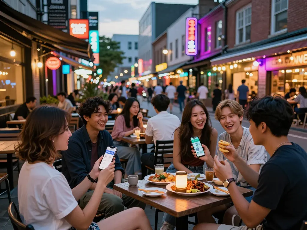 활기찬 도시 환경에서 여가 옵션을 탐색하는 친구들을 보여주는 생동감 넘치는 밤문화 씬.
