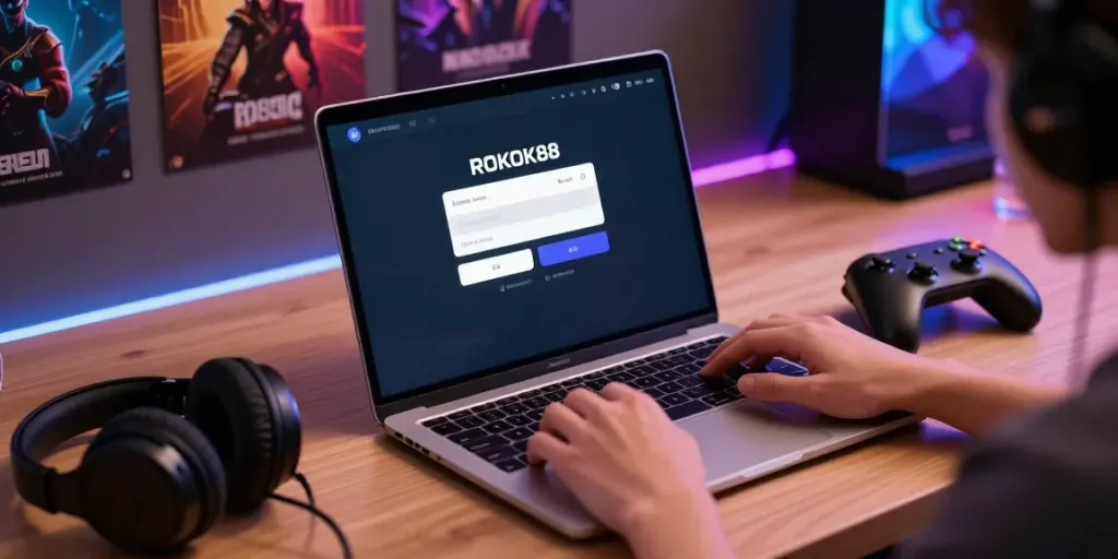 Engaging ROKOK88 login screen on a laptop in a vibrant gaming workspace.