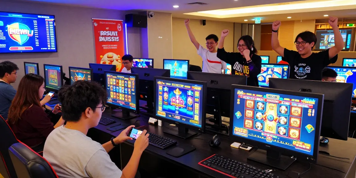 Engaged players enjoying exciting slot games on rokok88 platform in a vibrant gaming lounge.