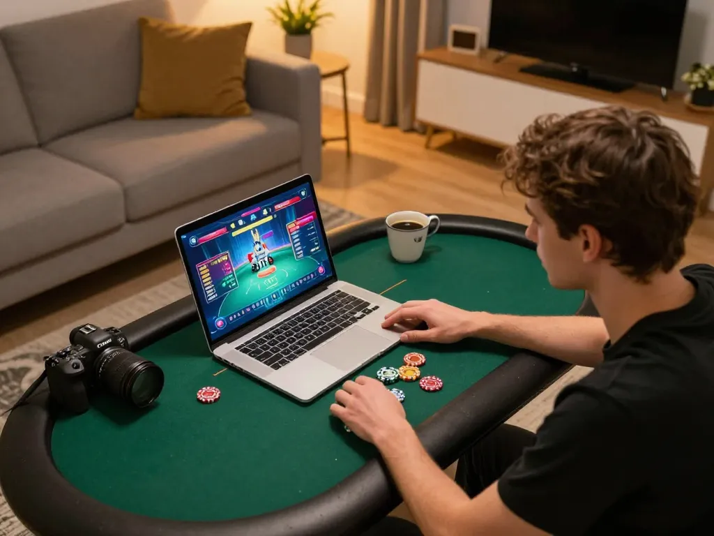 Player enjoying link xx88 poker game on a sleek laptop at home, surrounded by snacks.