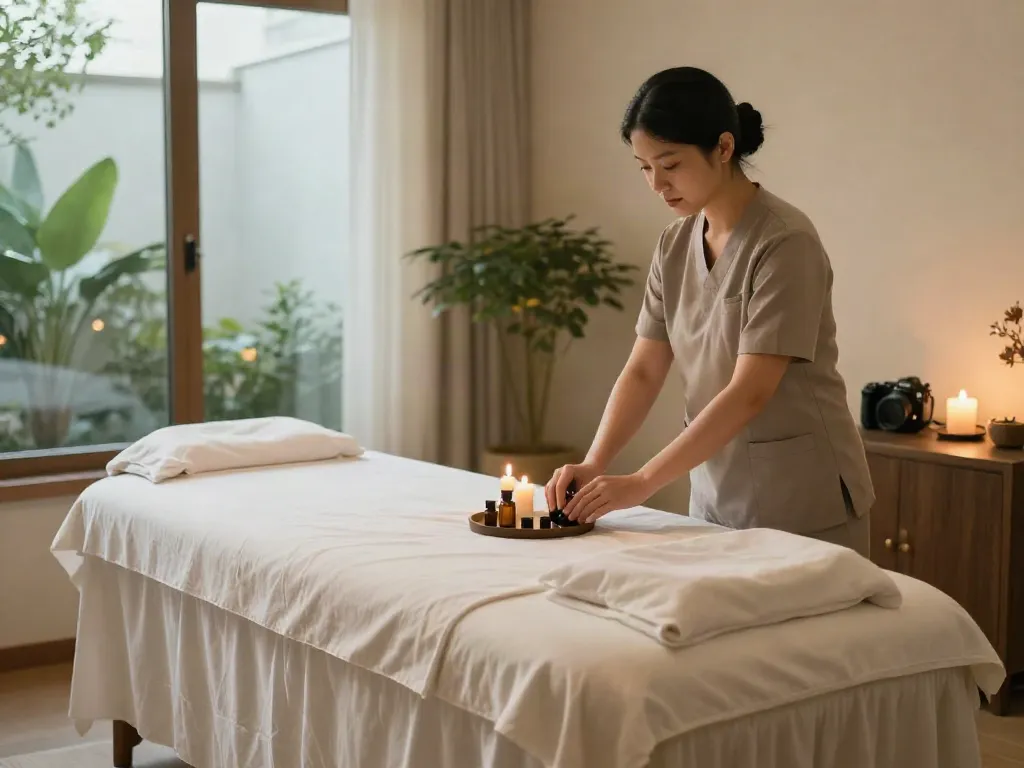 의정부출장마사지가 준비된 고급스러운 마사지룸, 아늑한 조명과 편안한 분위기.