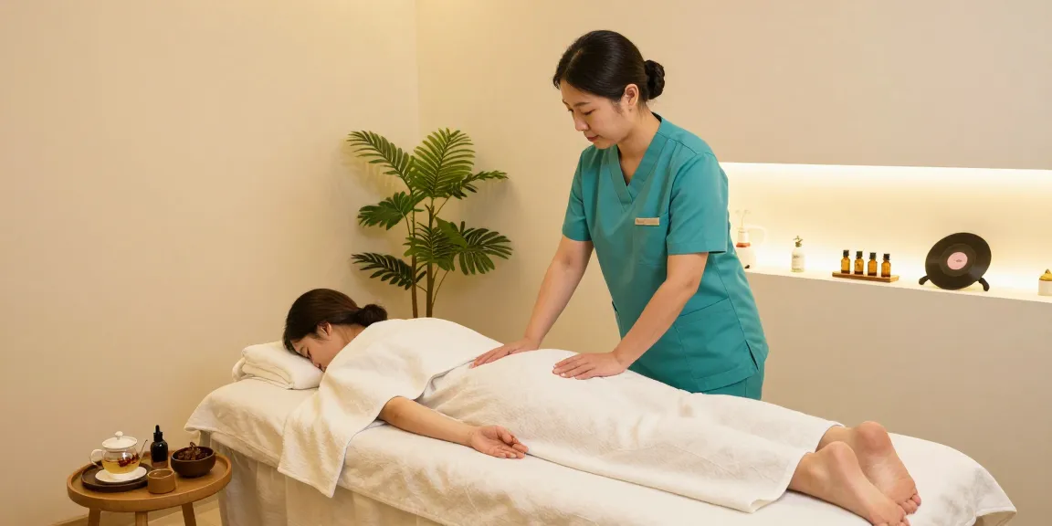 Tranquil women-only massage therapy room atmosphere for 강남여성전용마사지 featuring soft linens, essential oils, and calming ambiance.