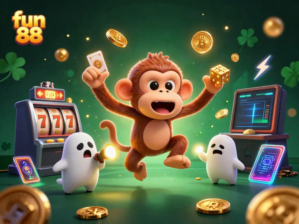 Experience fun 88 in an exciting casino scene with a mischievous monkey and a curious puppy tracking golden treasures.