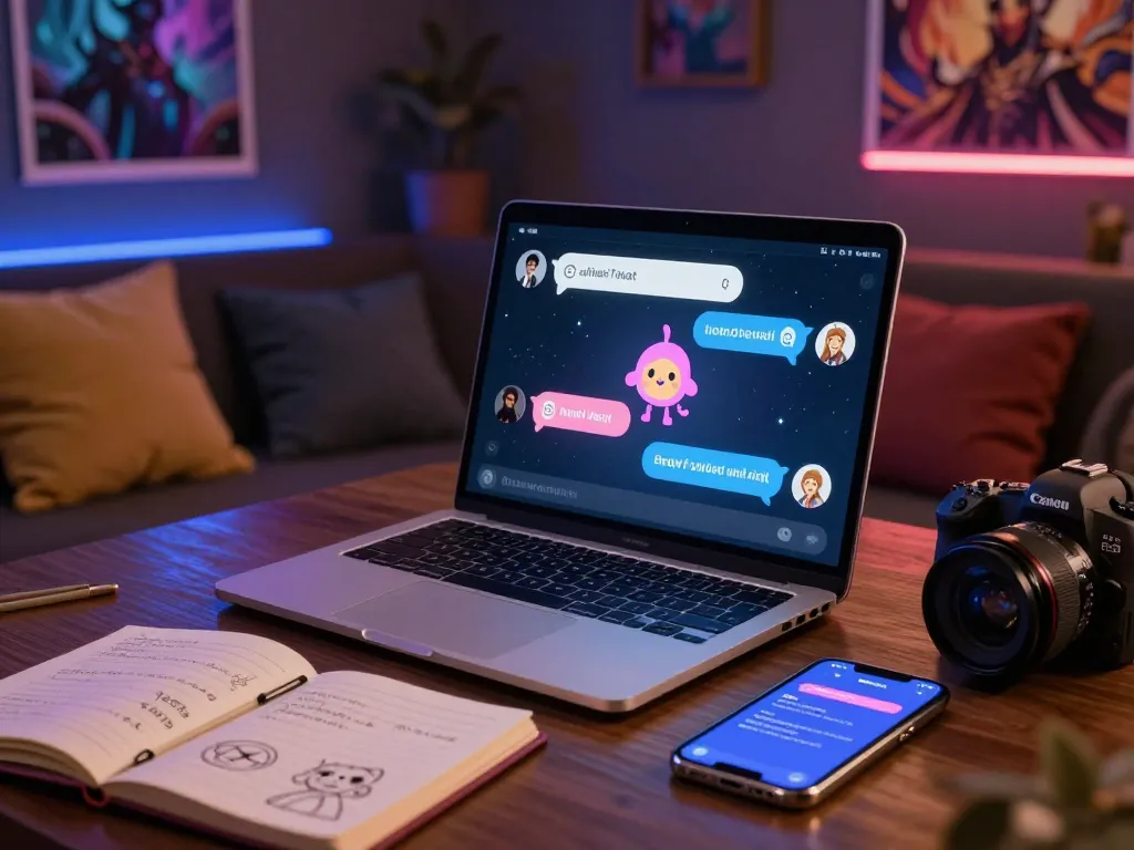 Interactive nsfw chat bot interface on a modern laptop in a cozy digital lounge.