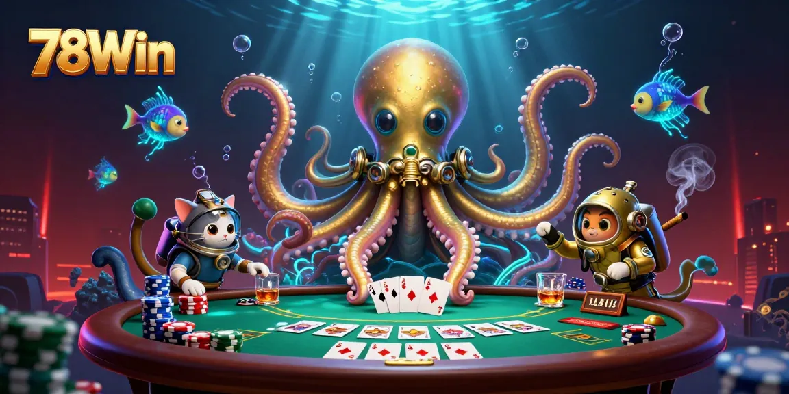 Experience thrilling poker action with 78Win's cartoon kraken and diving cat illustration.