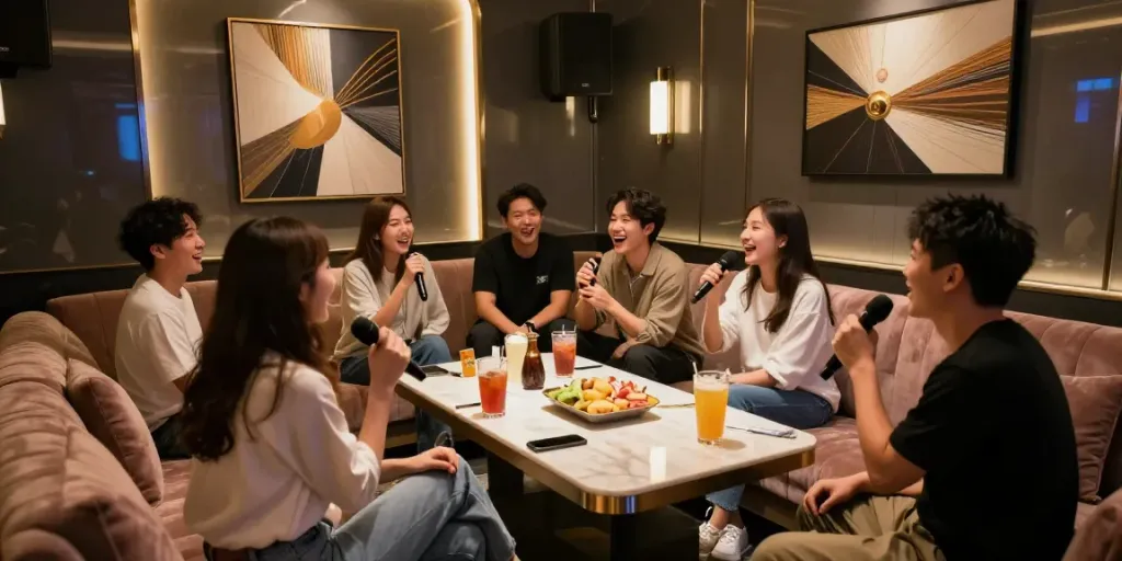 강남달토에서의 즐거운 카라오케 파티 모습, 고급스러운 실내와 아늑한 조명 속에서 즐기는 손님들.