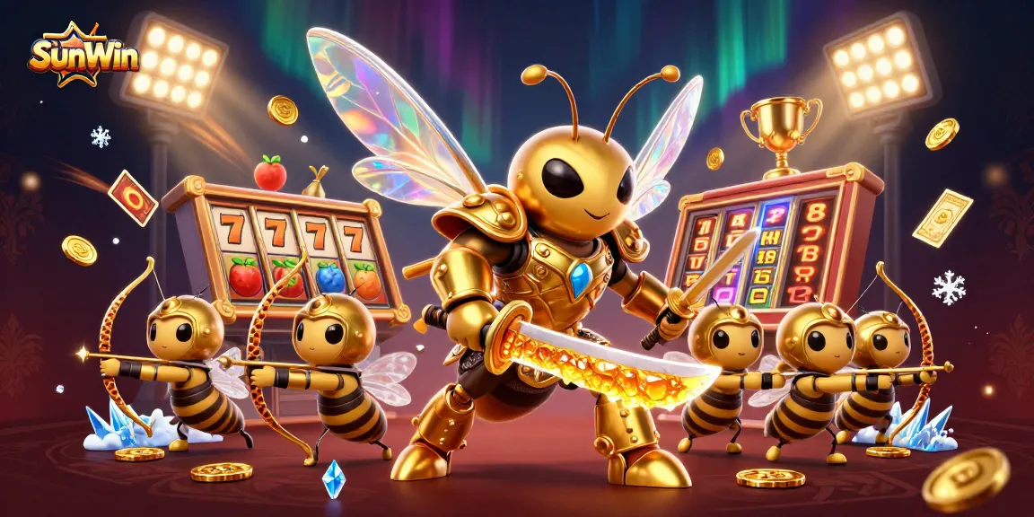 SunWin presents an engaging 3D casino scene with a golden hornet samurai and dynamic slot elements.
