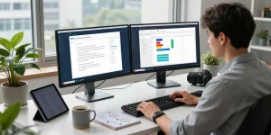 WPS Download software showcased in a modern workspace with dual monitors and a professional user focused on productivity.