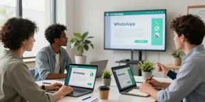 Team collaborating on WhatsApp網頁版 strategies in a modern office setting