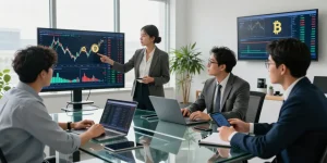 A vibrant office scene depicting cryptocurrency trading professionals analyzing live market data, showcasing 업투익스체인지 as a top exchange.