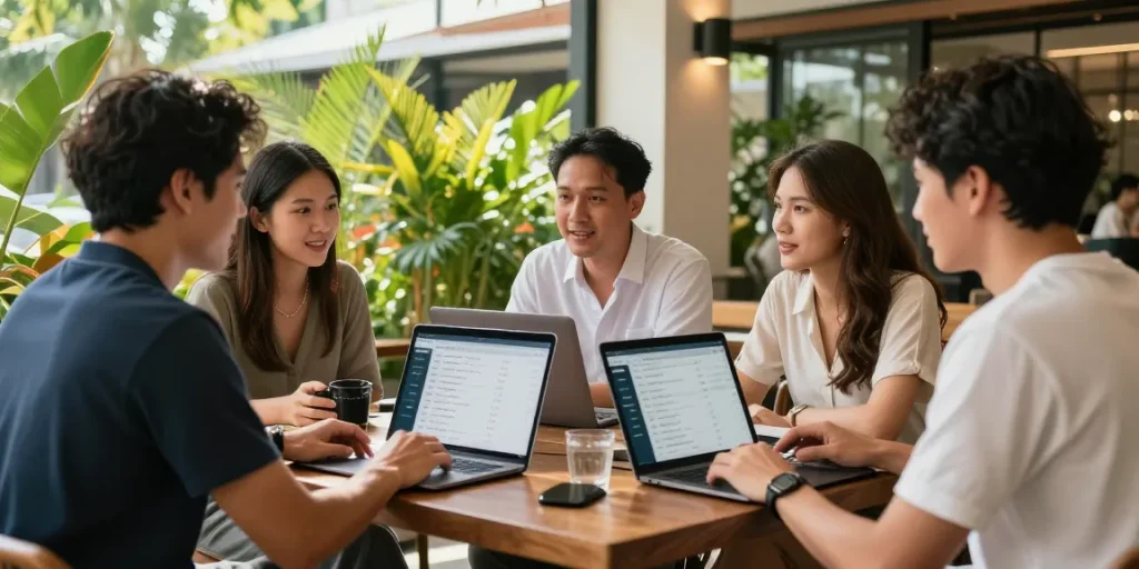 다낭 아파트 월세에 대한 다양한 정보와 상담을 받고 있는 외국인들의 모습