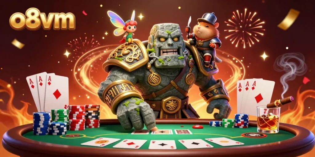 Experience high-stakes poker adventures with o8vm in this vibrant 3D casino illustration.