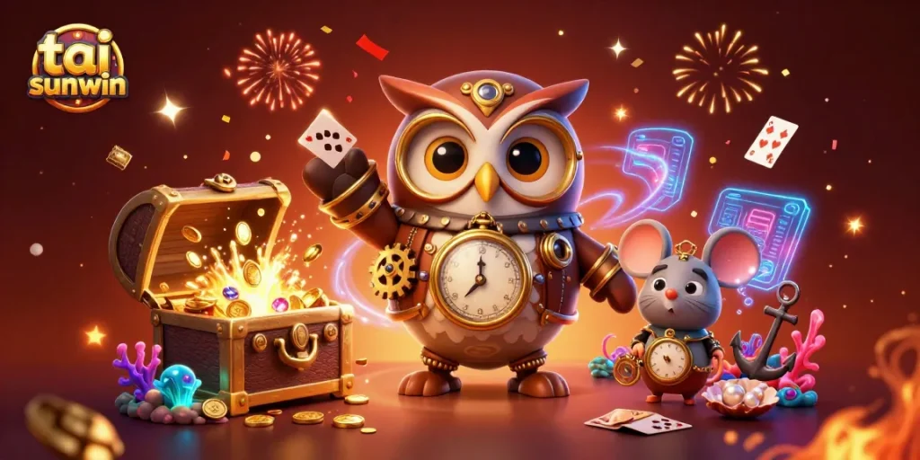 Experience thrilling moments at tai sunwin with a vibrant 3D casino illustration featuring steampunk characters and dynamic game elements.