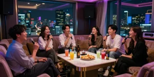 강남쩜오의 고급스러운 프라이빗 노래방에서 친구들이 즐거운 시간을 보내는 모습