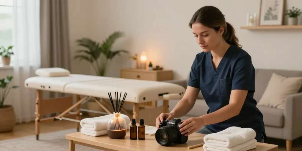 Cozy living room setup for 광명출장마사지 service with therapist preparing for a relaxing session.