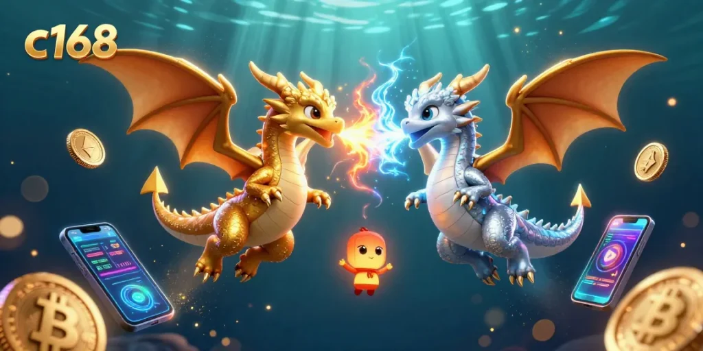 Engage with c168's vibrant gaming scene featuring twin dragons in a cinematic atmosphere.