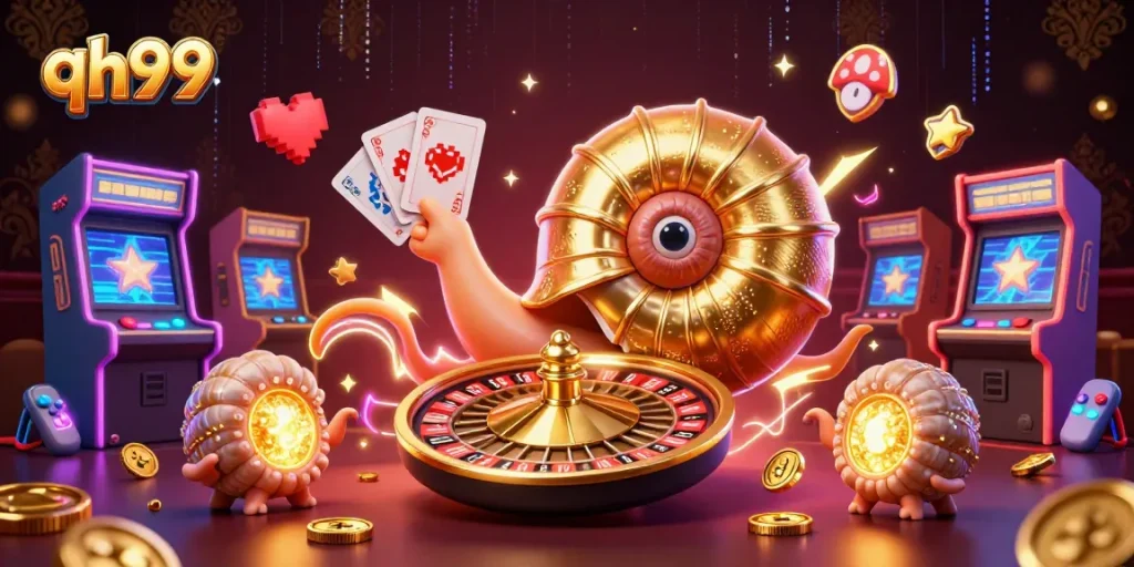 Experience the excitement of qh99 with a giant nautilus roulette wheel and glowing game elements.