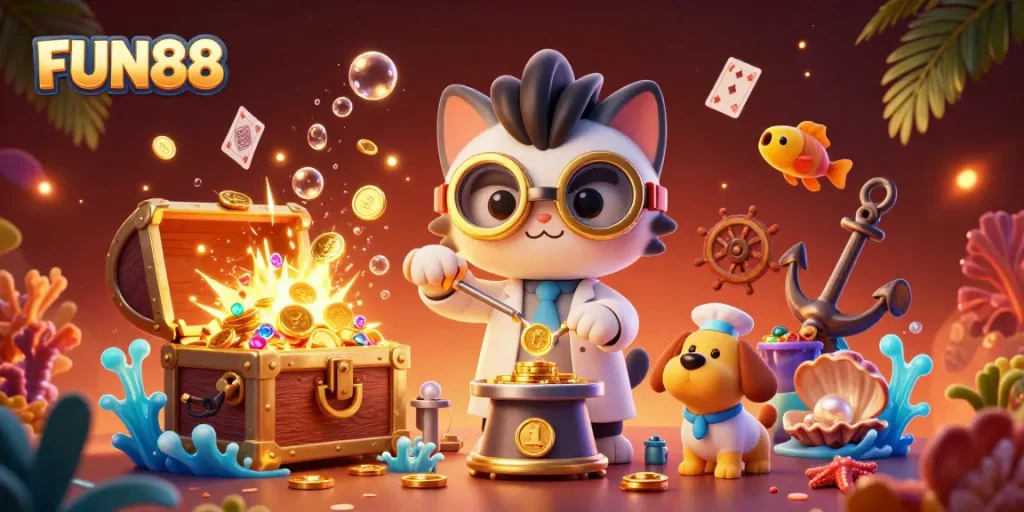 Experience FUN88’s thrilling casino atmosphere with vibrant characters and dynamic gaming elements.